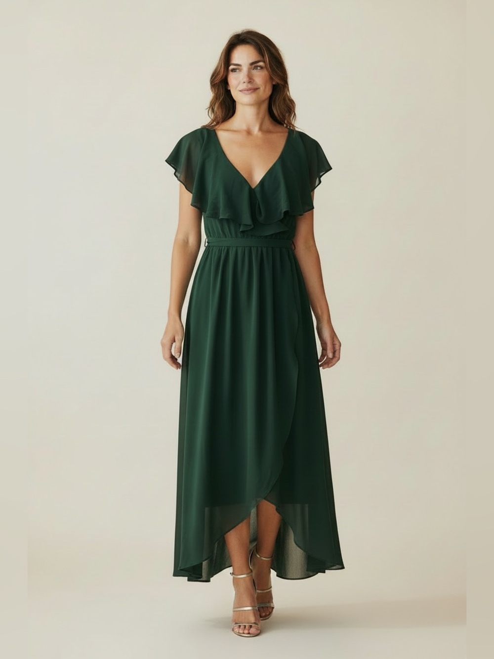 Baltic Born Katya Ruffle Maxi Dress evergreen chiffon asymmetrical dress, m